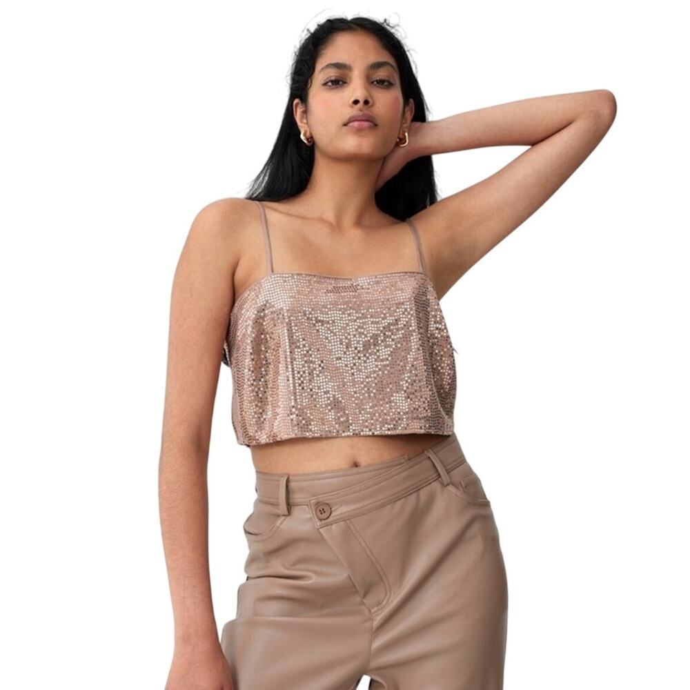 C/MEO Collective Rose Gold Sequin Crop Cami Top NWT XS Party Festival